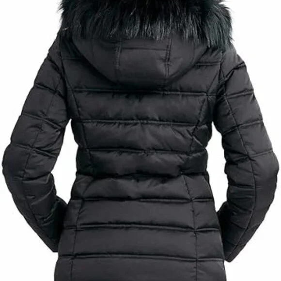 Women's Nautica Faux Fur Trim Hooded Mid-Length Black Puffer Jacket Size XL - Picture 3 of 14